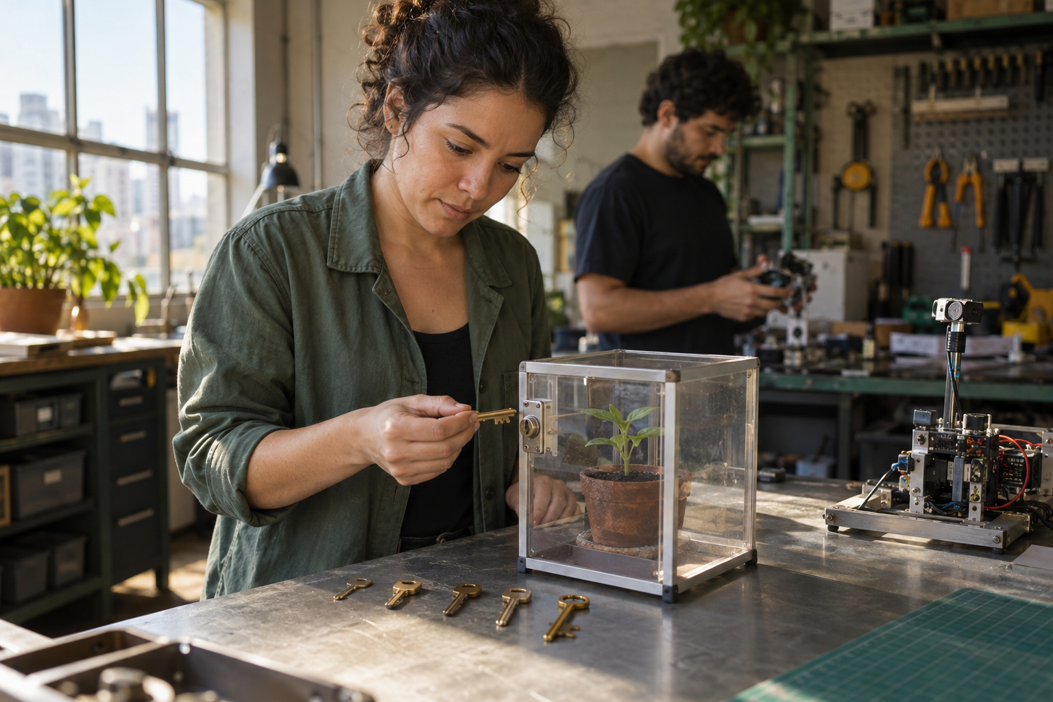Fundadora brasileira testa uma chave ao lado de um protótipo, simbolizando a escolha de fundos de venture capital pré-seed.