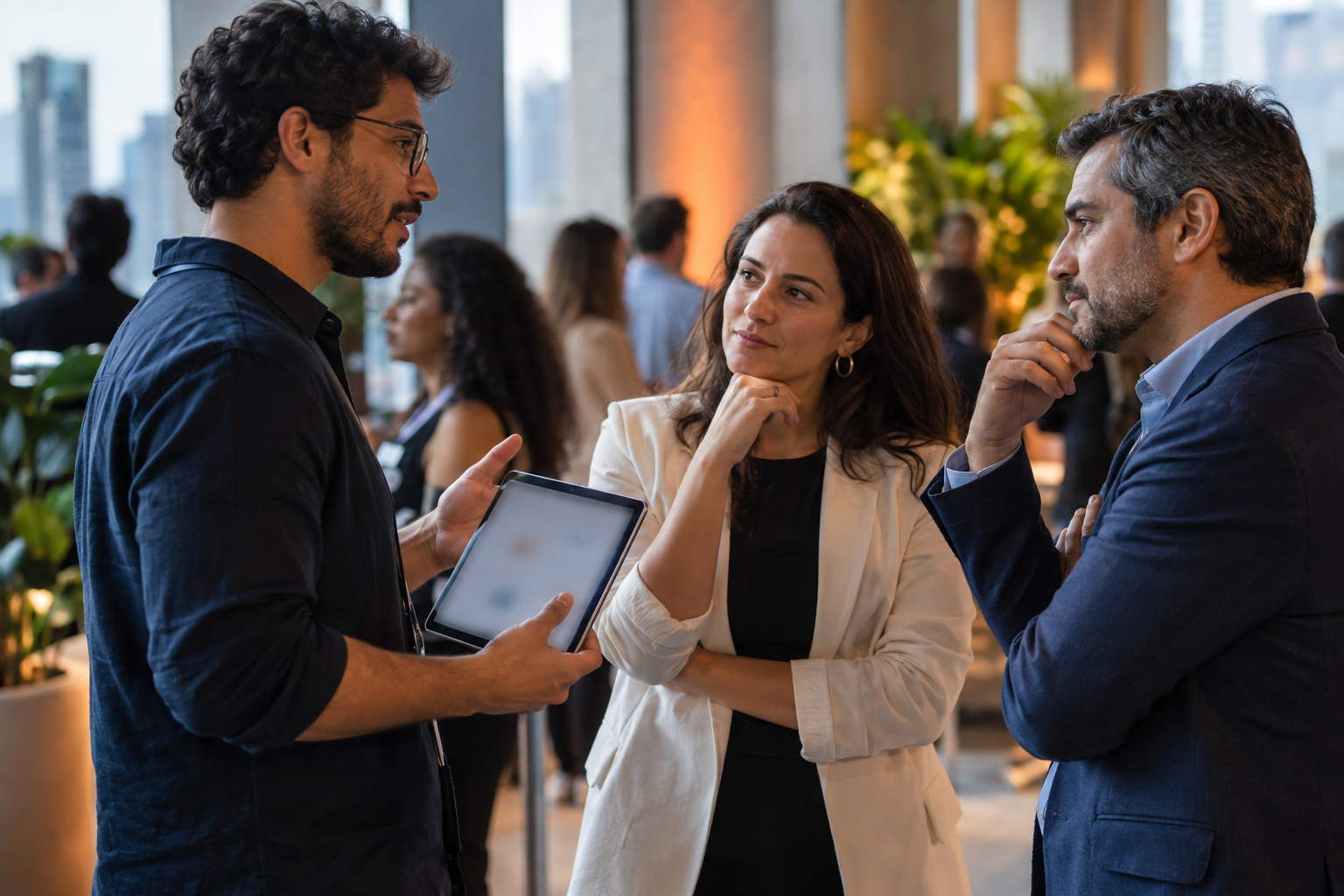 Founder brasileiro demonstra um produto a dois investidores em evento de aproximação com redes de investidores anjo no Brasil.