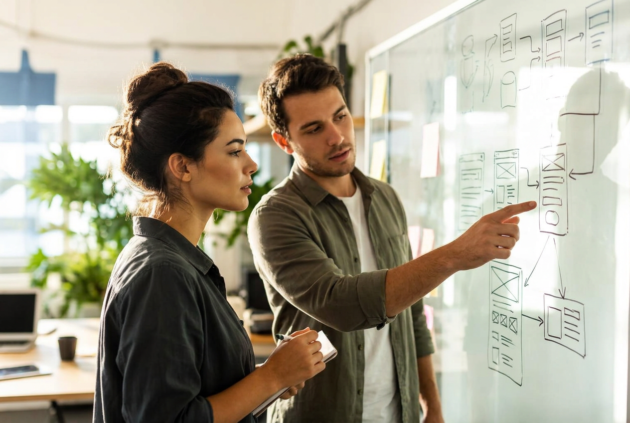 Founder e cliente discutem fluxos de produto para validação de ideias