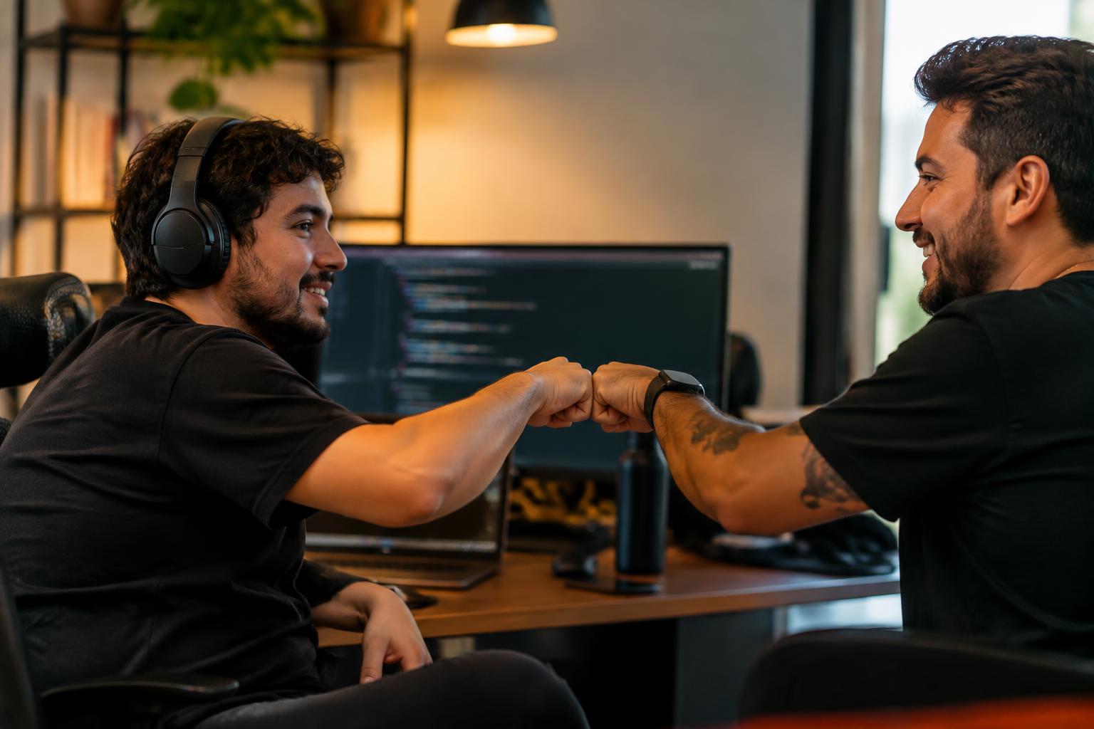 Fundadores avaliam contrato de vesting com um parceiro de tecnologia em escritório de startup.
